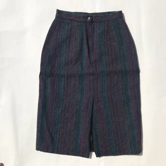 Vintage 70s Women’s Pencil Skirt Striped Teal Wool